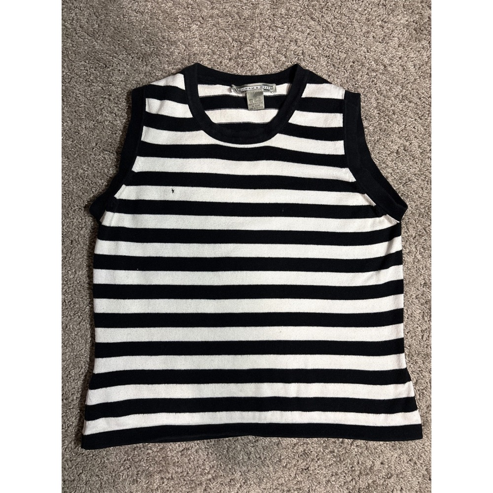 Vintage Witham & White Sleeveless Sweater Top Black White Striped Knit Crew S